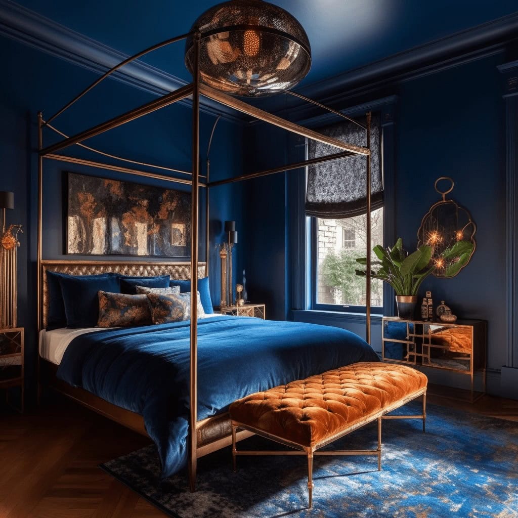 Stylowa sypialnia w głębokim odcieniu niebieskiego, elegancki łóżko z baldachimem i złotymi akcentami, nowoczesny wystrój wnętrza z dodatkami botaniki, luksusowa atmosfera, inspiracje dla aranżacji wnętrz.