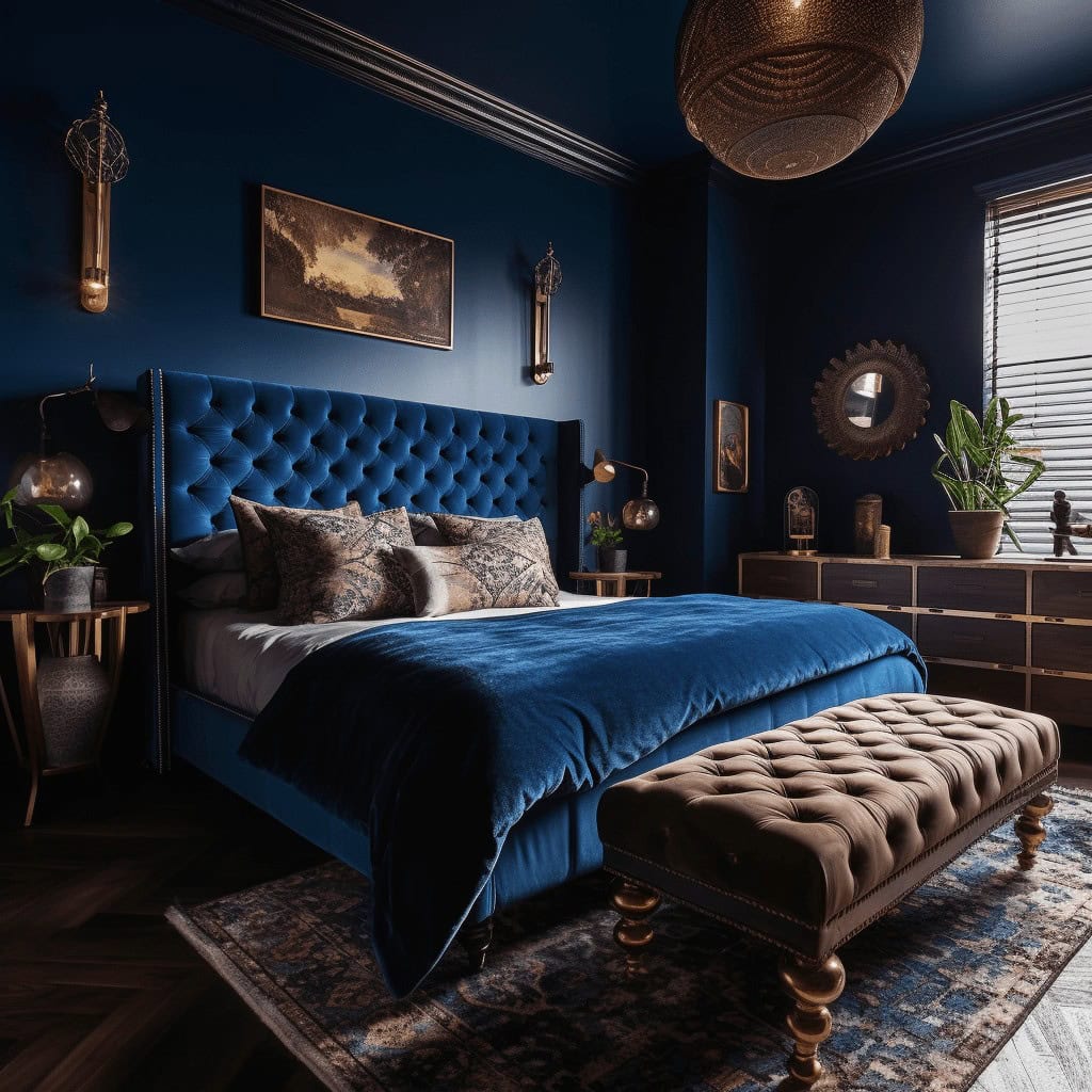 Luksusowa sypialnia z intensywnie niebieskimi ścianami i eleganckim zagłówkiem, stylowe dekoracje i rośliny, wyrafinowany klimat i komfortowy design, idealny do relaksu i odpoczynku.