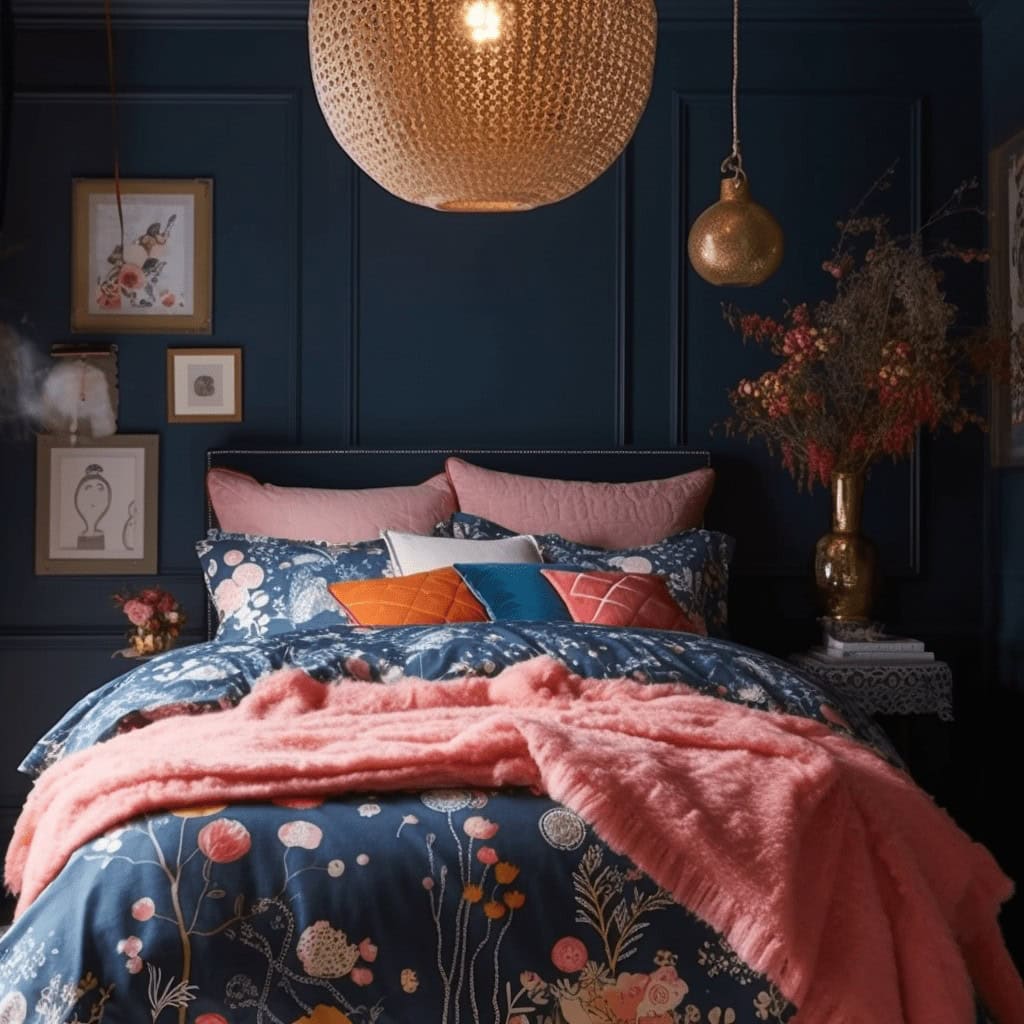 Podwójne łóżko z eleganckim tapicerowanym zagłówkiem w pokoju w stylu glamour, ozdobione kolorowymi poduszkami i puszystą pościelą, idealne do relaksu i odpoczynku w przytulnym wnętrzu.