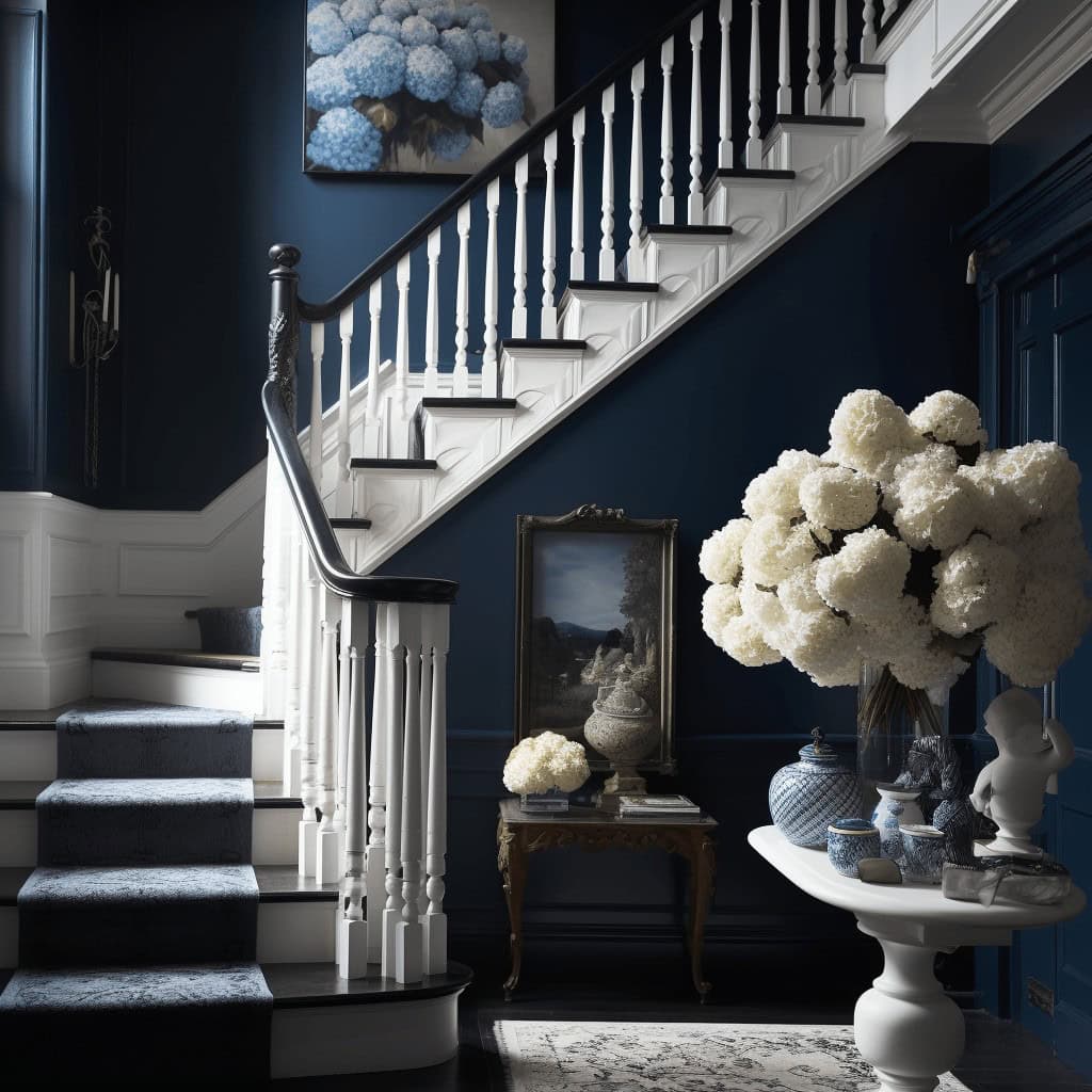 Przytulne eleganckie wnętrze z biało-niebieską dekoracją, stylowa rzeźba i kwiaty w ozdobnych donicach, nowoczesny design, idealne dla inspiracji wnętrzarskich związanych z optymalnym stylem aranżacji.