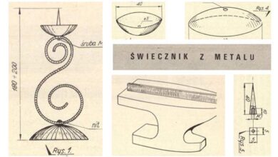 Żarówka z metalowej blachy, schemat wykonania świecznika z metalu, projekt lampy dekoracyjnej, elementy metalowe do rękodzieła, instrukcje tworzenia ozdób z metalu, optymalne rozwiązania dla rękodzieła metali.