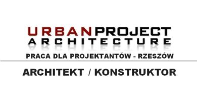 Rysunek projektu architektonicznego z napisem "Urban Project Architecture" dla biura projektowego w Rzeszowie z hasłem "Praca dla projektantów".