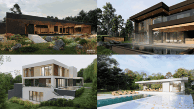 Nowe luksusowe domy jednorodzinne w nowoczesnym stylu, otoczone zielenią, różne typy architektury od minimalistycznej po elegancką. Idealne dla inwestorów i osób szukających komfortu.