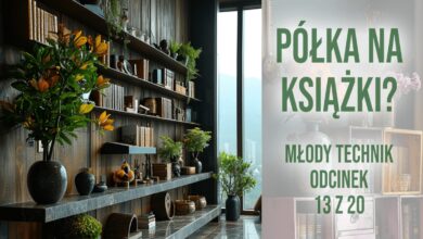 Półka na książki z dekoracyjnymi elementami i roślinami w nowoczesnym wnętrzu, idealna do salonu lub biblioteki.