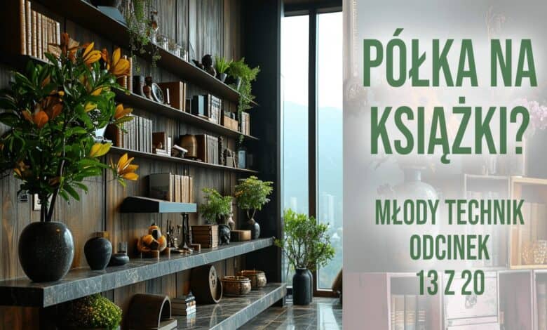 Półka na książki z dekoracyjnymi elementami i roślinami w nowoczesnym wnętrzu, idealna do salonu lub biblioteki.