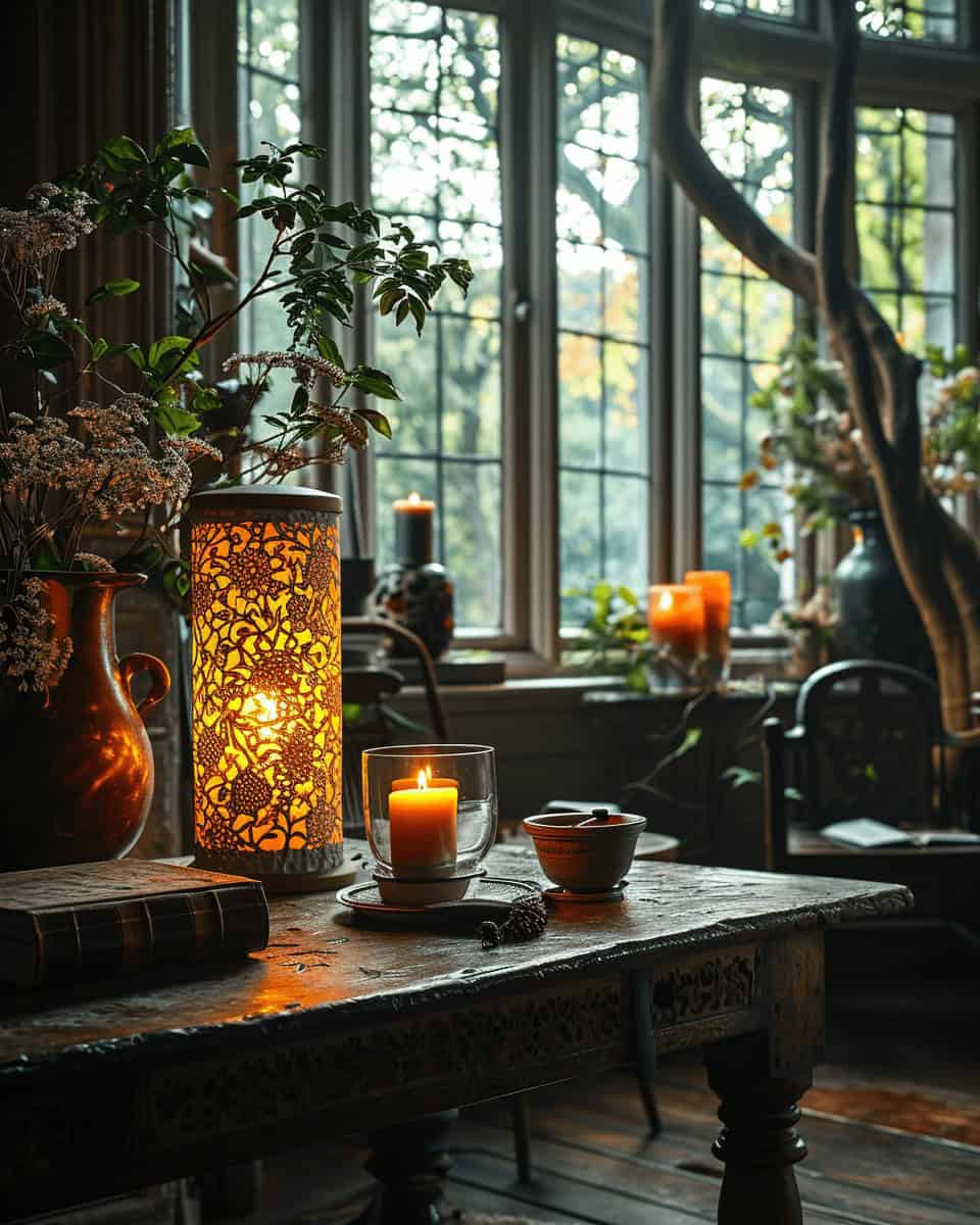 Natureczne oświetlenie wnętrza z świecami i lampą, romantyczna dekoracja z kwiatami i zielonymi roślinami, przytulny salon z dużymi oknami i widokiem na las, idealny do relaksu i spotkań.