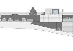 Nowo wybudowana nowoczesna szkoła na skarpie, z dużymi oknami i zielonym otoczeniem, przedstawiona na rysunku architektonicznym w projekcie PaniDyrektor.pl.