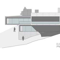 Nowoczesny projekt budynku wzniesiony na zboczu, z dużymi przeszkleniami i minimalistyczną architekturą, idealny dla optymalnych rozwiązań przestrzennych.