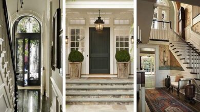 Eleganckie wejście domowe z portykiem i roślinami, luksusowa aranżacja, nowoczesny styl, wysokiej jakości wykończenia, idealne dla optymalizacji wyglądu i funkcjonalności domu.