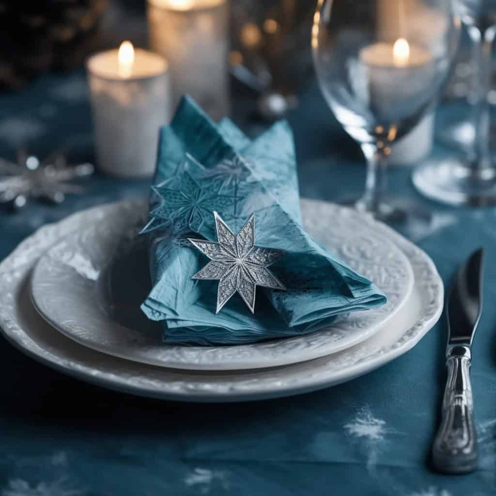 śnieżnobiała zastawa i dekoracje świąteczne na eleganckim stole, idealne na bożonarodzeniową kolację, dekoracje Christmas, zimowe dekoracje stołu, wystrój na święta, eleganckie dekoracje świąteczne.