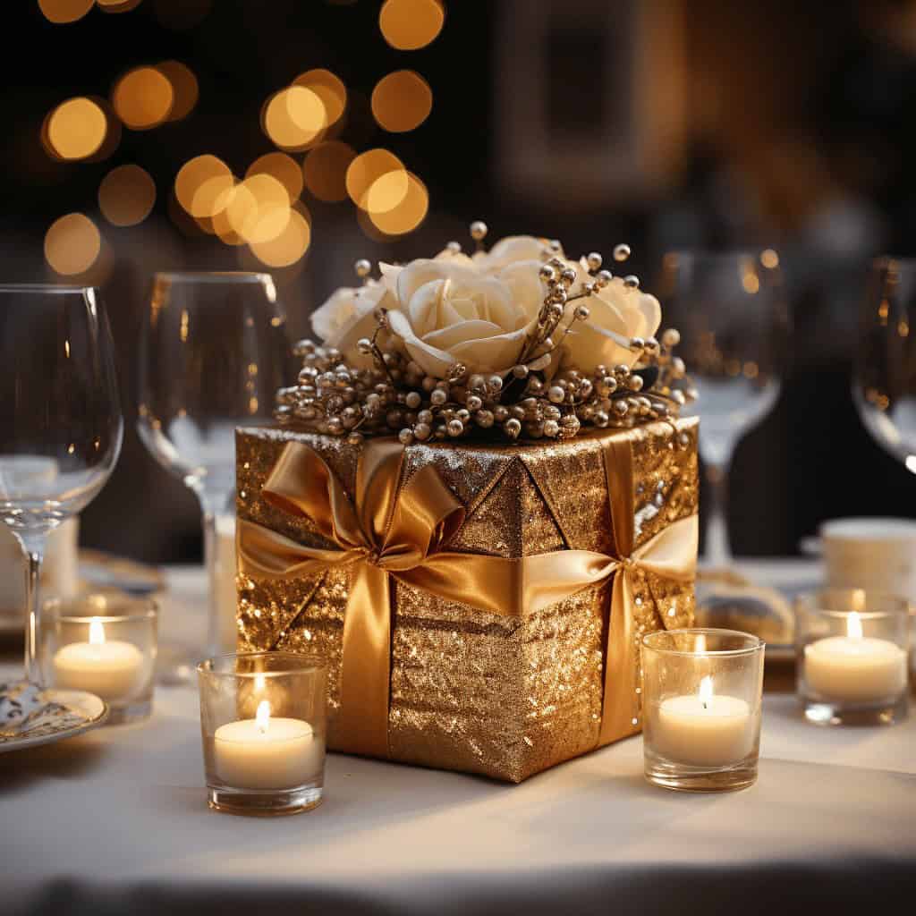 Elegancki prezent na święta z złotym pudełkiem, białymi kwiatami i dekoracyjnymi perłami, idealny na wyjątkowe okazje i uroczystości.