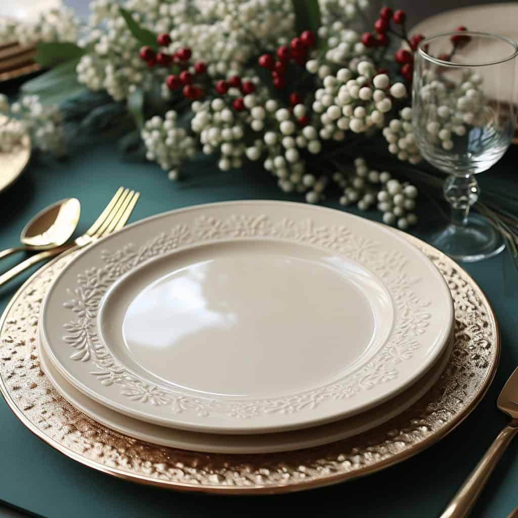 Nowe, eleganckie talerze ceramiczne z bogatym zdobieniem, idealne na eleganckie obiady i uroczyste okazje. W komplecie złoty sztućc i kwiatowa aranżacja na tle stylowego nakrycia stołu.