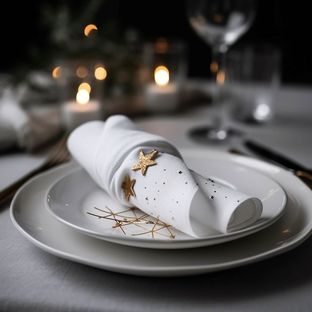 Delikatnie ozdobiony biały obrus z elegancką zastawą i złotymi akcentami na świątecznym stole, idealny na uroczysty obiad lub kolację świąteczną. Wyjątkowa dekoracja podkreślająca nastrojową atmosferę.