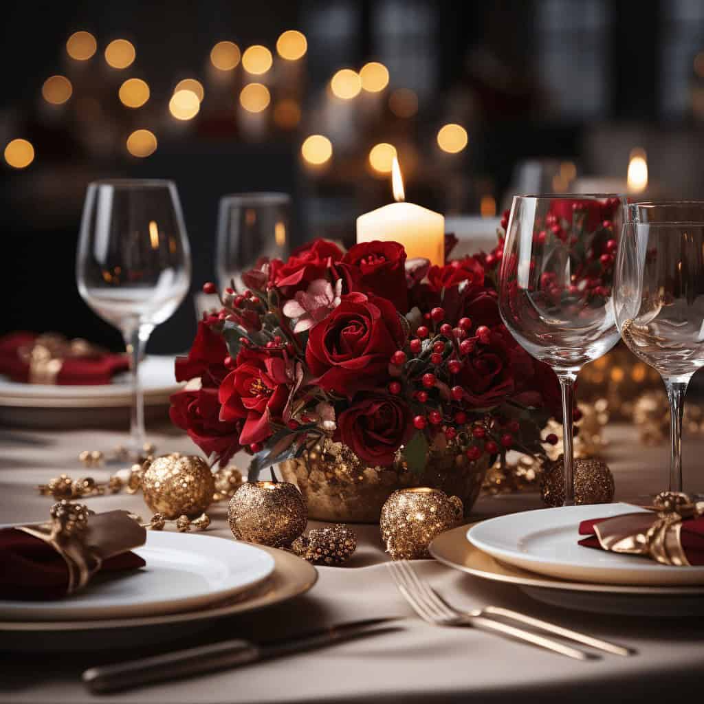 Elegancki stół świąteczny z czerwonymi różami, świecą i złotymi ozdobami, idealny na wyjątkowe okazje i uroczystości, z dbałością o klimat i atmosferę.