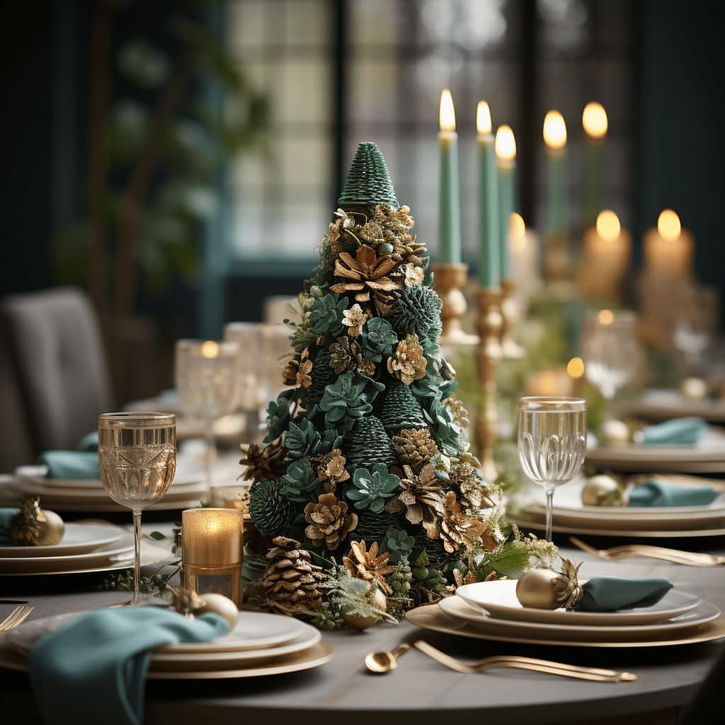 Przytulna aranżacja świątecznego stołu z dekoracją choinkową w złoto-zielonych tonacjach, idealna na glamour wydarzenia świąteczne i eleganckie spotkania w stylu optima.