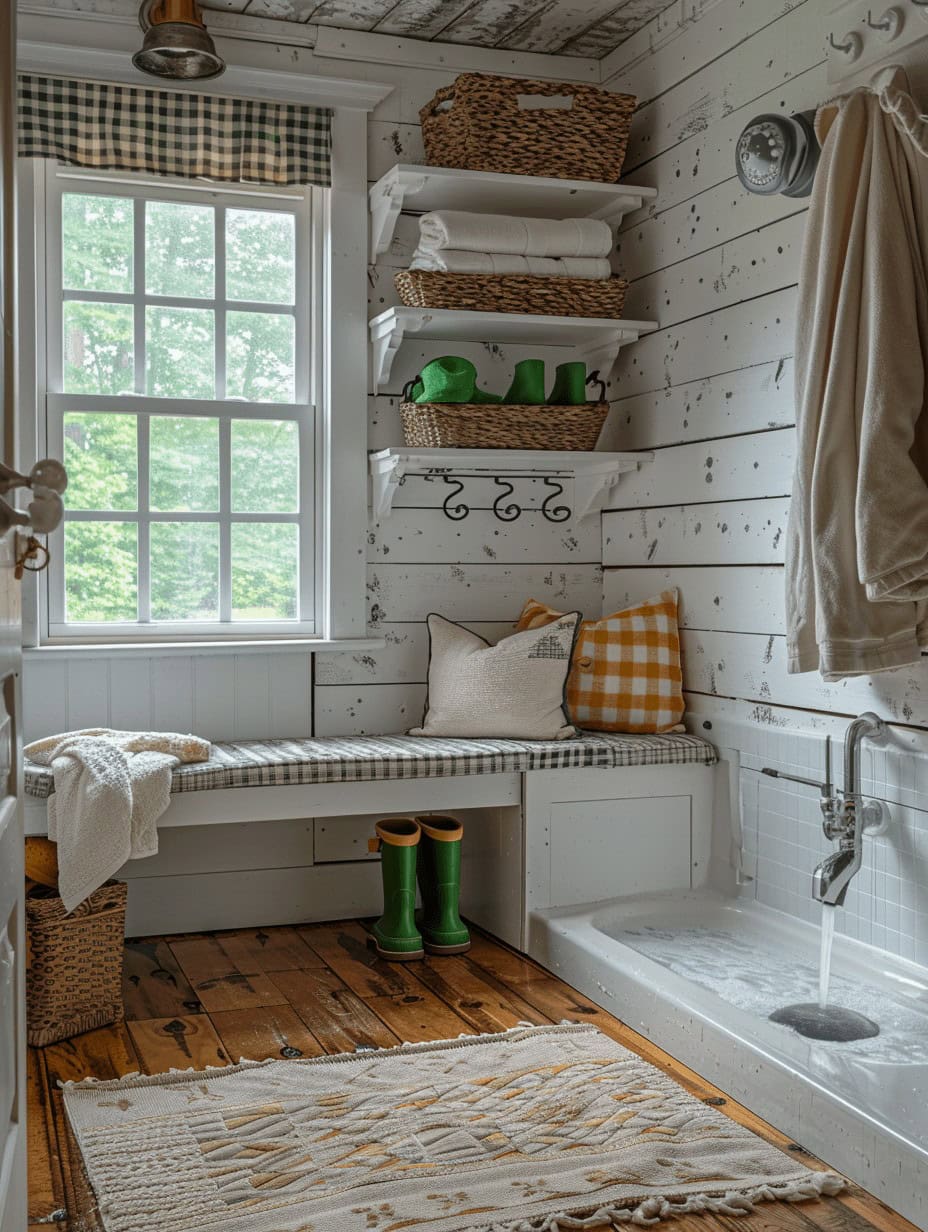 Naturalny, przytulny kącik w stylu rustykalnym z białymi ścianami z drewna, wiklinowymi koszami, oknem i funkcjonalnym miejscem do wypoczynku i przechowywania w domu wiejskim.