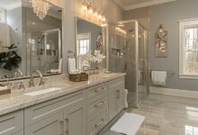 Stylowa łazienka z marmurową blatem i eleganckim oświetleniem, idealna do wnętrz premium i luksusowych aranżacji. Jasne, przestronne wnętrze z przeszkloną kabiną i wysokiej jakości wykończeniem.