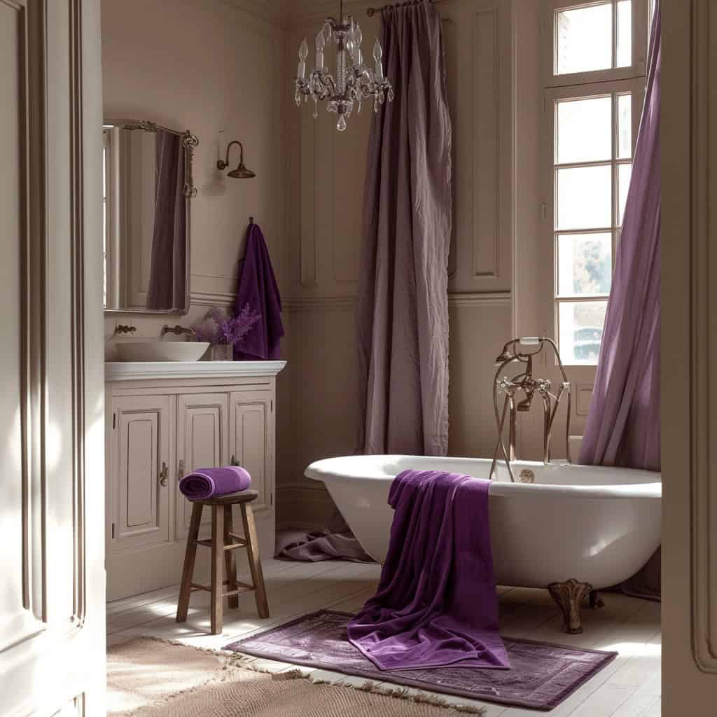 Różowa elegancka łazienka z wanną, stylowe dodatki i naturalne światło, luksusowe wnętrze dla relaksu i wellness, idealne dla domu i hoteli, dekoracje w odcieniach różu i fioletu.