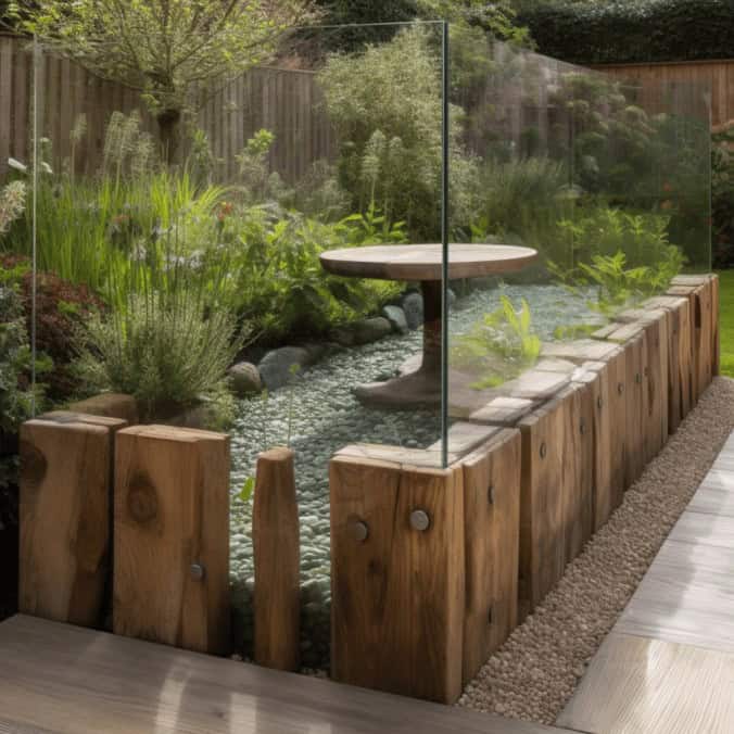 Osyłka w ogrodzie z betonową figurą i szklanymi przegrodami, naturalny wystrój, otoczenie roślinne, element dekoracyjny w przestrzeni z drewnianymi blokami, zieleń i aranżacja wokół nowoczesny design ogrodu.
