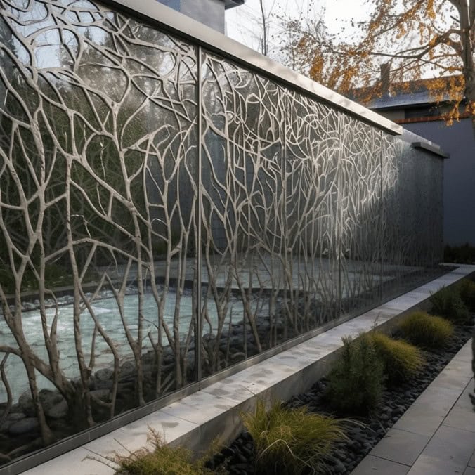 - elegancka nowoczesna szklana ściana z artystycznym wzorem gałęzi, dekoracyjna elewacja budynku, architektura, design, inspirowana naturą, elementy małej architektury.