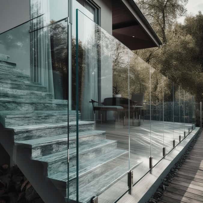 Szklana balustrada na tarasie nowoczesny design, eleganckie patio z widokiem na zieleń, ochrona i wizualna estetyka, luksusowa aranżacja domu, optymalne rozwiązania balustrad do balkonów i tarasów.