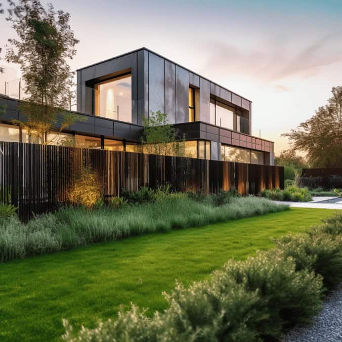 Nowoczesny dom z dużymi oknami i nowoczesną architekturą, otoczony zielonym ogrodem, idealny dla miłośników luksusowych i designerskich rozwiązań renovacji i wykończeń wnętrz.