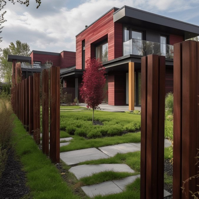 Nowe modernistyczne domy jednorodzinne z drewnianymi elewacjami na osiedlu w Polsce.