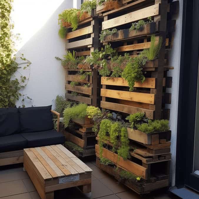 Tło zielony ogród z paletami na ścianie, rośliny doniczkowe w stylu nowoczesny, minimalistyczny ogród na tarasie, aranżacja z recyklingu, zrównoważony design zielone rośliny dekoracyjne, naturalna przestrzeń wypoczynkowa.