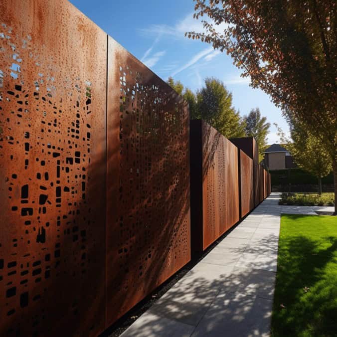 Tablica ogrodzeniowa ze stali corten z perforacją, nowoczesne rozwiązania architektoniczne, wytrzymała i estetyczna, idealna do ogrodów i przestrzeni miejskich.