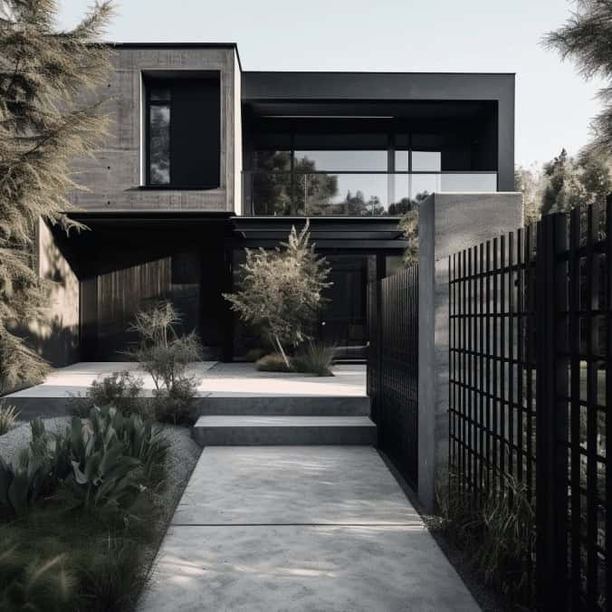 Nowoczesny dom minimalistyczny o czarnej elewacji, architektura z betonem i dużymi oknami, otoczony zielenią, elegancki design, idealny dla miłośników nowoczesnego stylu życia.