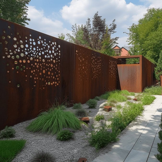 Metalowa ogrodzenie z perforacją, nowoczesny design, rabat z roślinami, zielony ogród przy domu, elementy dekoracyjne ogrodu, kreatywne aranżacje przestrzeni, PaniDyrektor.pl optymalizacja ogrodów.