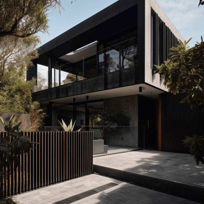 Nowoczesny dom Z elegancką architekturą i dużymi oknami, otoczony zielenią, idealny dla miłośników minimalistycznego stylu i funkcjonalności w otoczeniu natury.