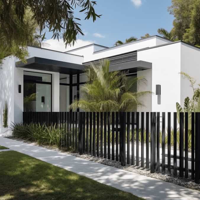 Nowa nowoczesna willa z minimalistycznym designem, białe ściany, czarna balustrada, ogrodzenie z drewna, zielone rośliny i palmowe drzewo, idealne rozwiązanie architektoniczne.