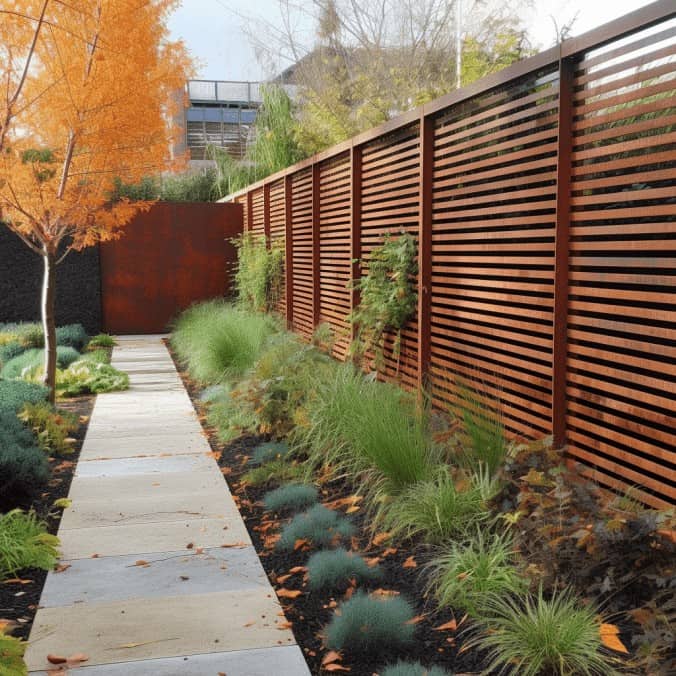 Nowa ogrodowa ścieżka z betonowych płyt na tle nowoczesnego drewnianego ogrodzenia z drewna elewacyjnego w ciepłych odcieniach brązu, otoczona roślinami ozdobnymi i drzewami jesiennymi.