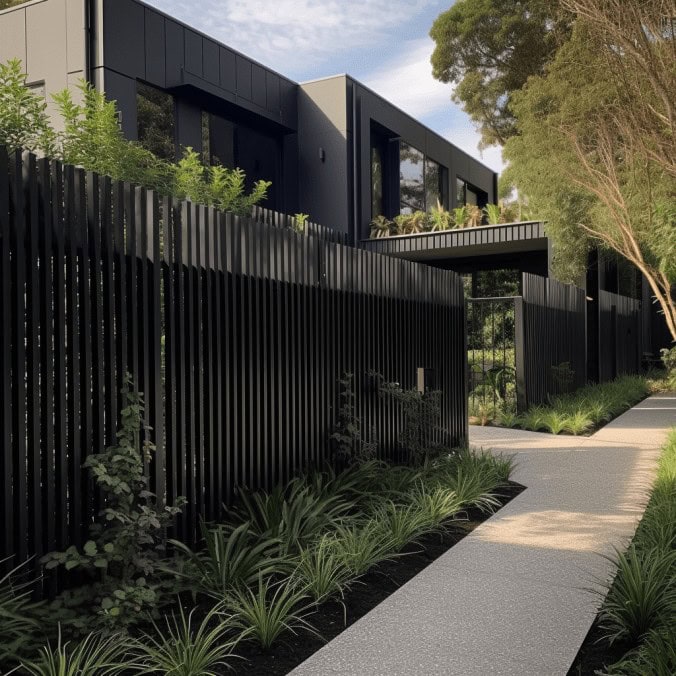 Nowoczesny ogród z czarnym ogrodzeniem i zielonymi roślinami, elegancka aranżacja przestrzeni outdoorowej, minimalistyczny design, zielona alejka, nowoczesny styl ogrodu, architektura krajobrazu.