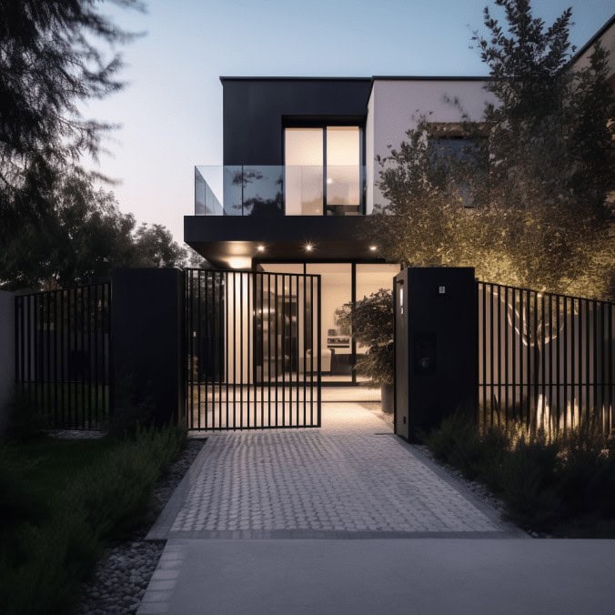 Nowoczesny dom jednorodzinny z elegancką elewacją i ogrodzeniem, oświetlony wieczorem, z minimalistycznym stylem i przestrzennym tarasem. Idealne rozwiązanie dla miłośników nowoczesnej architektury.