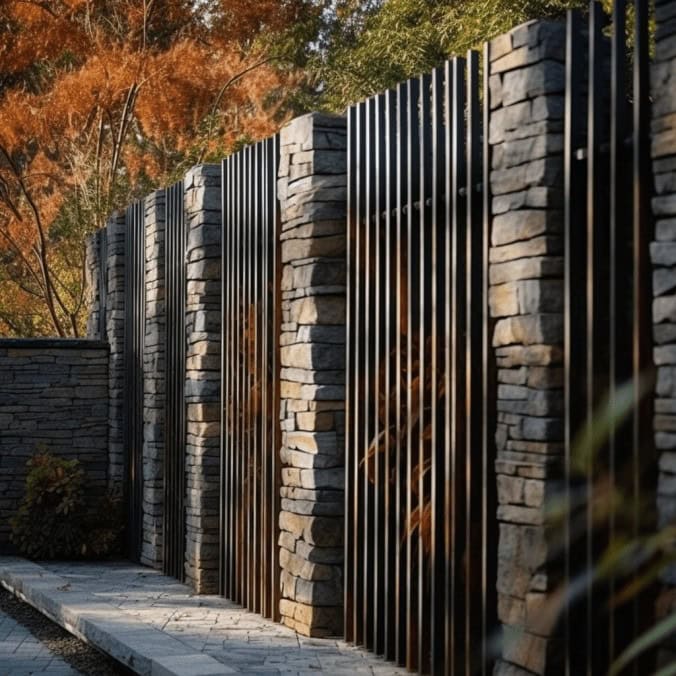 Ogrodzenie z kamienia i metalu, nowoczesne murki i sztachety metalowe, elegancka aranżacja ogrodowa, trwałe i estetyczne rozwiązania, inspiracje do aranżacji ogrodu.