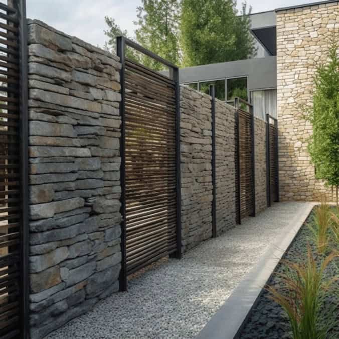 Panele ogrodzeniowe z naturalnego kamienia i drewna w nowoczesnym stylu, elegancka aranżacja przestrzeni na zewnątrz.