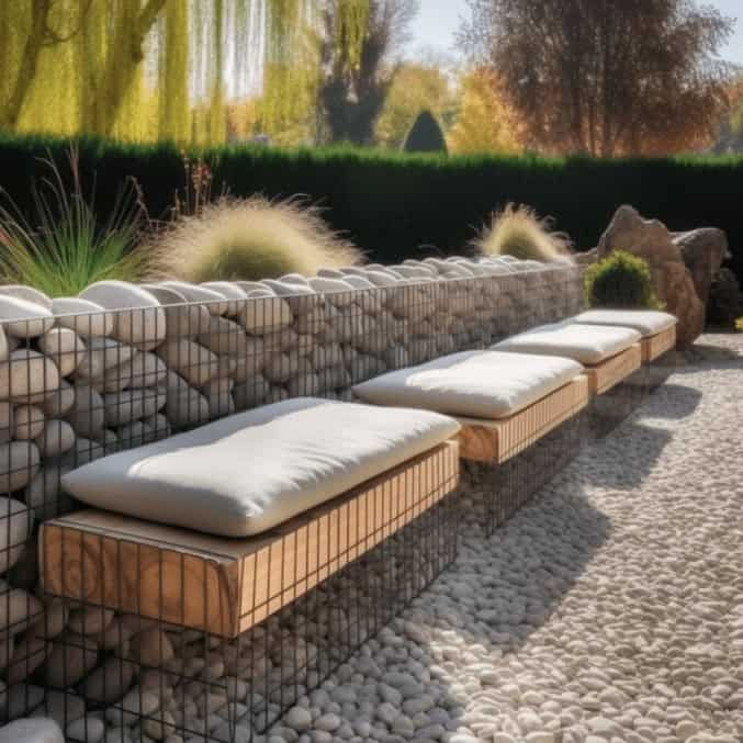Pufy i dekoracyjne poduszki na ławce w ogrodzie z delikatnym oświetleniem, idealne do relaksu na świeżym powietrzu.