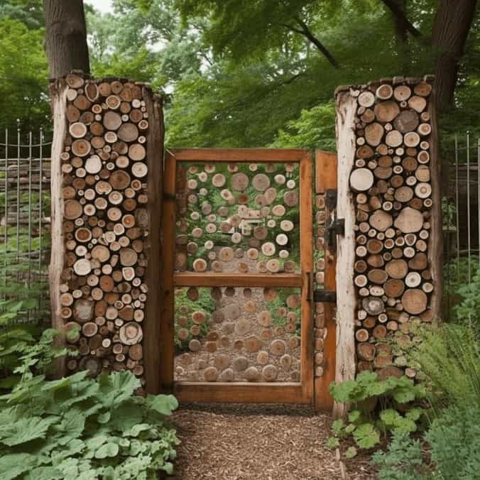 Linia alternatywna: drewniana brama ogrodowa z wypełnieniem z patyczków, otoczona zielonymi roślinami i drzewami, w naturalnym środowisku ogrodu, ekologiczna i przyjazna dla środowiska.