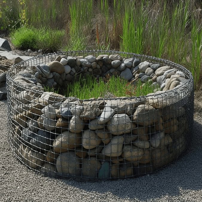 Kamień w oczyszczalni biologicznej z siatką na obsadzenie roślin, nowoczesne rozwiązanie oczyszczalni ścieków.