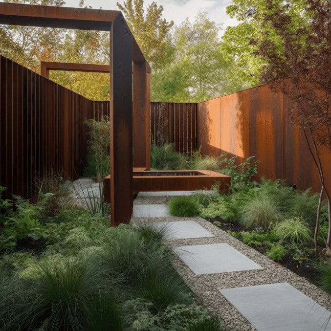 Nowoczesny ogród z rustykalnym elementem z metalu, z zielonymi roślinami i szarymi kamieniami, idealny do relaksu na świeżym powietrzu.