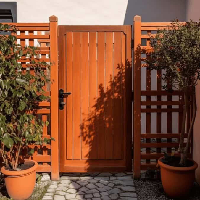 Gładkie drewniane drzwi ogrodowe z metalowym zamkiem, otoczone elementami drewnianej pergoli i roślinami w doniczkach, w stylu naturalnym i funkcjonalnym.