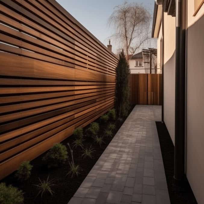 Nowy drewniany płot ogrodowy z dekoracyjnym żywopłotem zapewniający prywatność, nowoczesny design, idealny do altany lub domu jednorodzinnego.