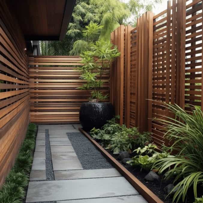 Zielony ogród z drewnianymi panelami, nowoczesny design, mały ogród z roślinami, minimalistyczna przestrzeń na zewnątrz, przytulna aranżacja ogrodu, pielęgnacja roślin ogrodowych.