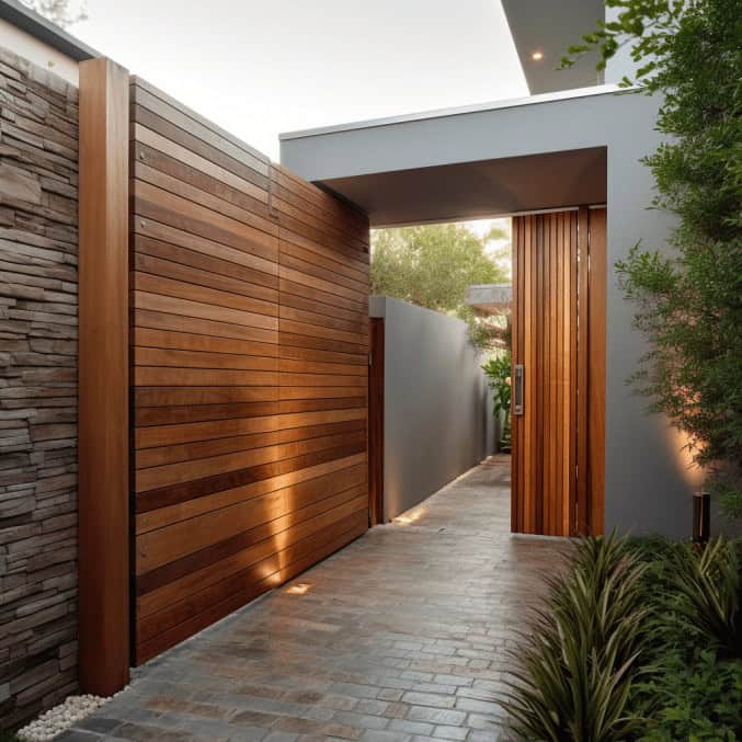 Nowoczesna brama wjazdowa z drewna i betonu, elegancki wjazd do prywatnej posesji, minimalistyczny design, naturalne materiały, idealne dla domu w stylu nowoczesnym, otoczenie zielenią.
