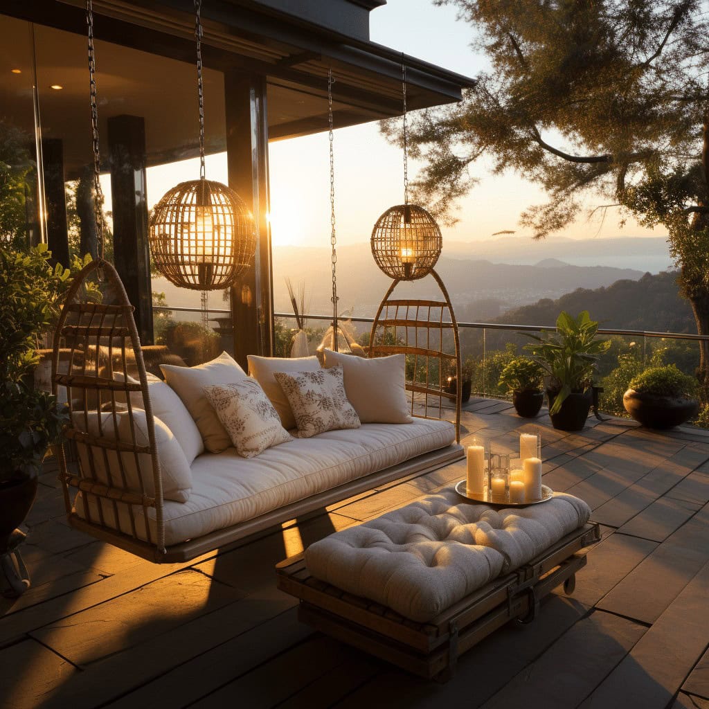 Relaxing outdoor terrace with hanging wicker lamps and cozy cushions, overlooking scenic mountain view at sunset, perfect for peaceful retreat and outdoor relaxation.