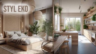 Naturalne wnętrze sypialni i kuchni w stylu eko, z dominującymi elementami drewna, roślinami i jasnym światłem, tworzące przytulną i ekologicznie świadomą przestrzeń.