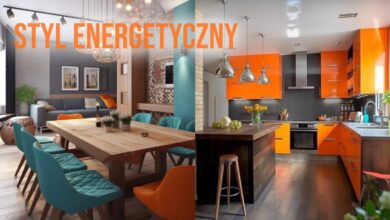 Nowoczesny salon i kuchnia w stylu energicznym, z żywymi kolorami i funkcjonalnym designem, idealne do optymalnych aranżacji wnętrz.
