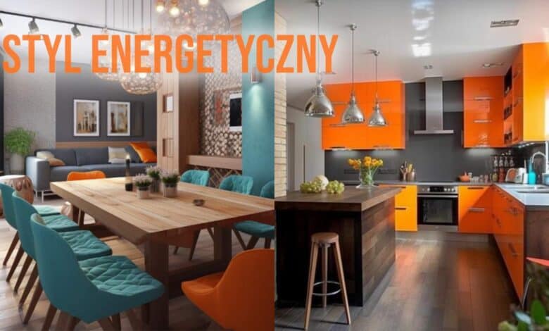 Nowoczesny salon i kuchnia w stylu energicznym, z żywymi kolorami i funkcjonalnym designem, idealne do optymalnych aranżacji wnętrz.